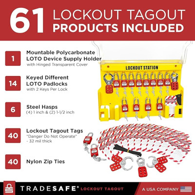 Lockout Tagout Station with Loto Devices - 14 Pack Safety Lock Set, 6 Hasps, 40 Do Not Operate Tags, Lock Out Tag Out Kit Board, Lockout Safety Supply