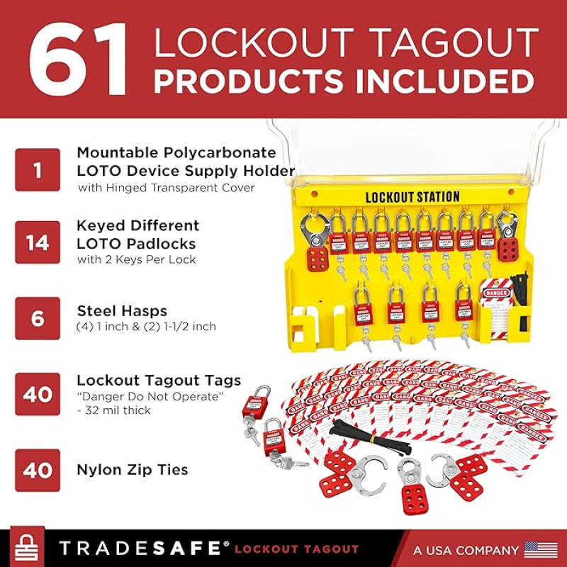 Lockout Tagout Station with Loto Devices - 14 Pack Safety Lock Set, 6 Hasps, 40 Do Not Operate Tags, Lock Out Tag Out Kit Board, Lockout Safety Supply