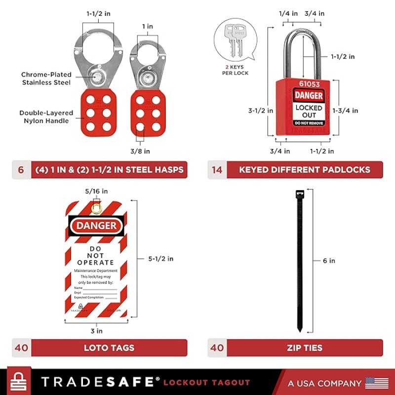 Lockout Tagout Station with Loto Devices - 14 Pack Safety Lock Set, 6 Hasps, 40 Do Not Operate Tags, Lock Out Tag Out Kit Board, Lockout Safety Supply